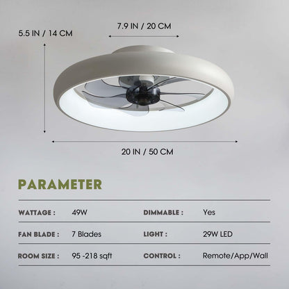 20 in. Smart Indoor Modern White Round Low Profile Ceiling Fan with Dimmable LED with Remote Included for Bedroom