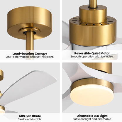 52 in. Standard Downrod Mount Indoor White and Gold 3-Blade Ceiling Fan with Integrated LED Light and Remote Included