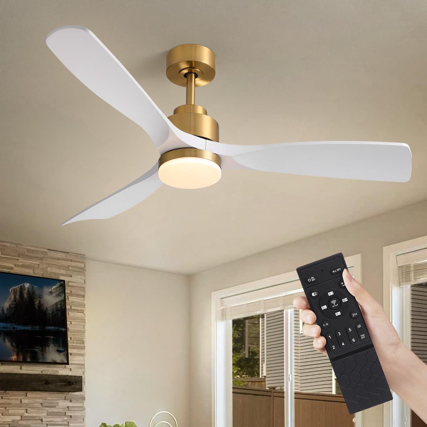 52 in. Standard Downrod Mount Indoor White and Gold 3-Blade Ceiling Fan with Integrated LED Light and Remote Included
