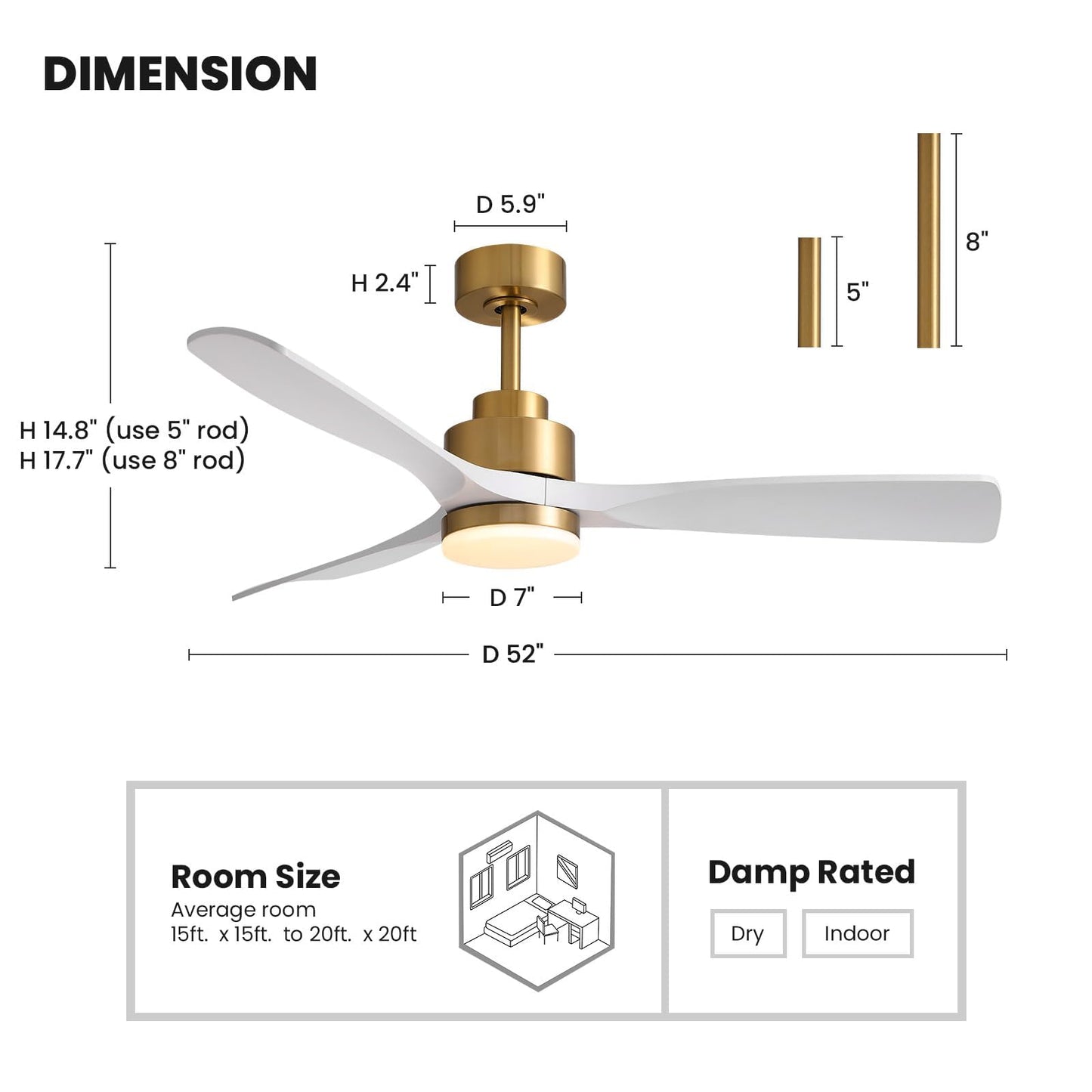 52 in. Standard Downrod Mount Indoor White and Gold 3-Blade Ceiling Fan with Integrated LED Light and Remote Included