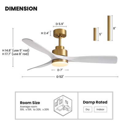 52 in. Standard Downrod Mount Indoor White and Gold 3-Blade Ceiling Fan with Integrated LED Light and Remote Included