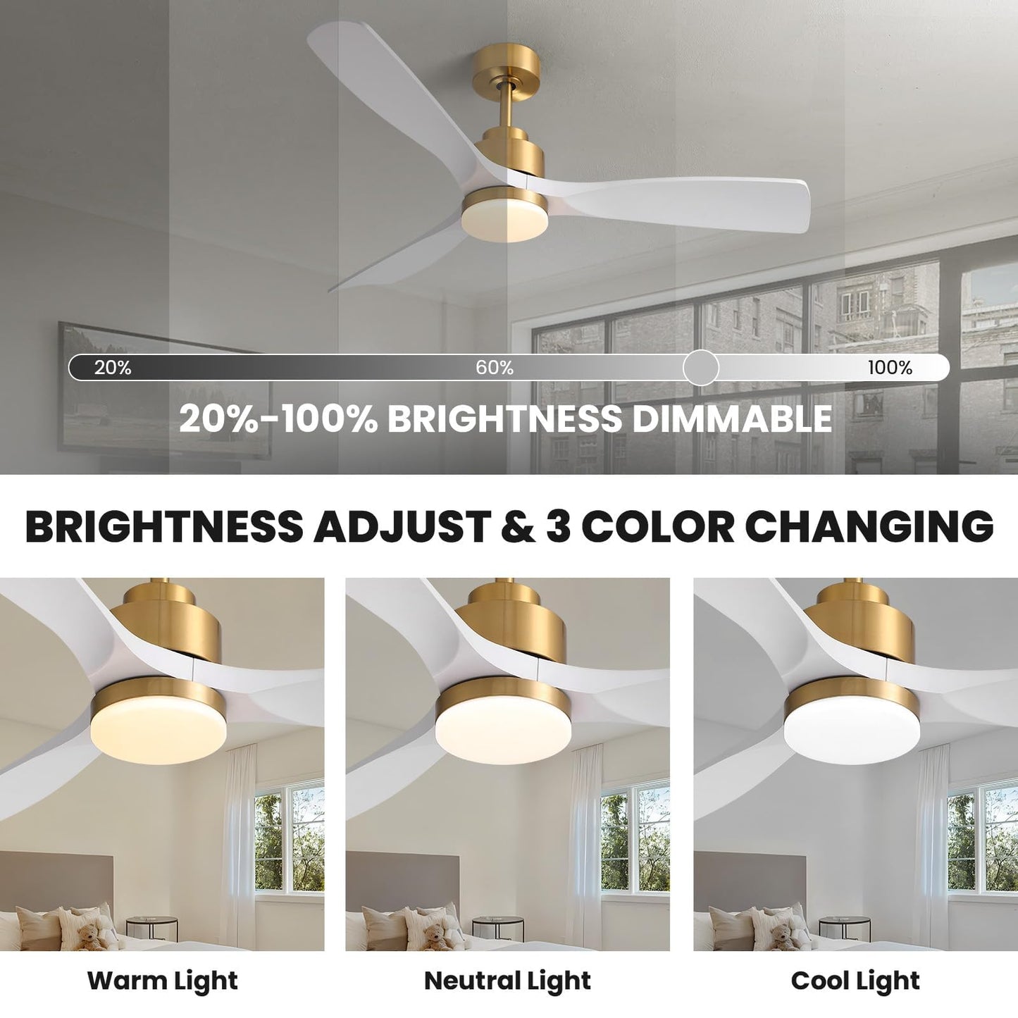 52 in. Standard Downrod Mount Indoor White and Gold 3-Blade Ceiling Fan with Integrated LED Light and Remote Included