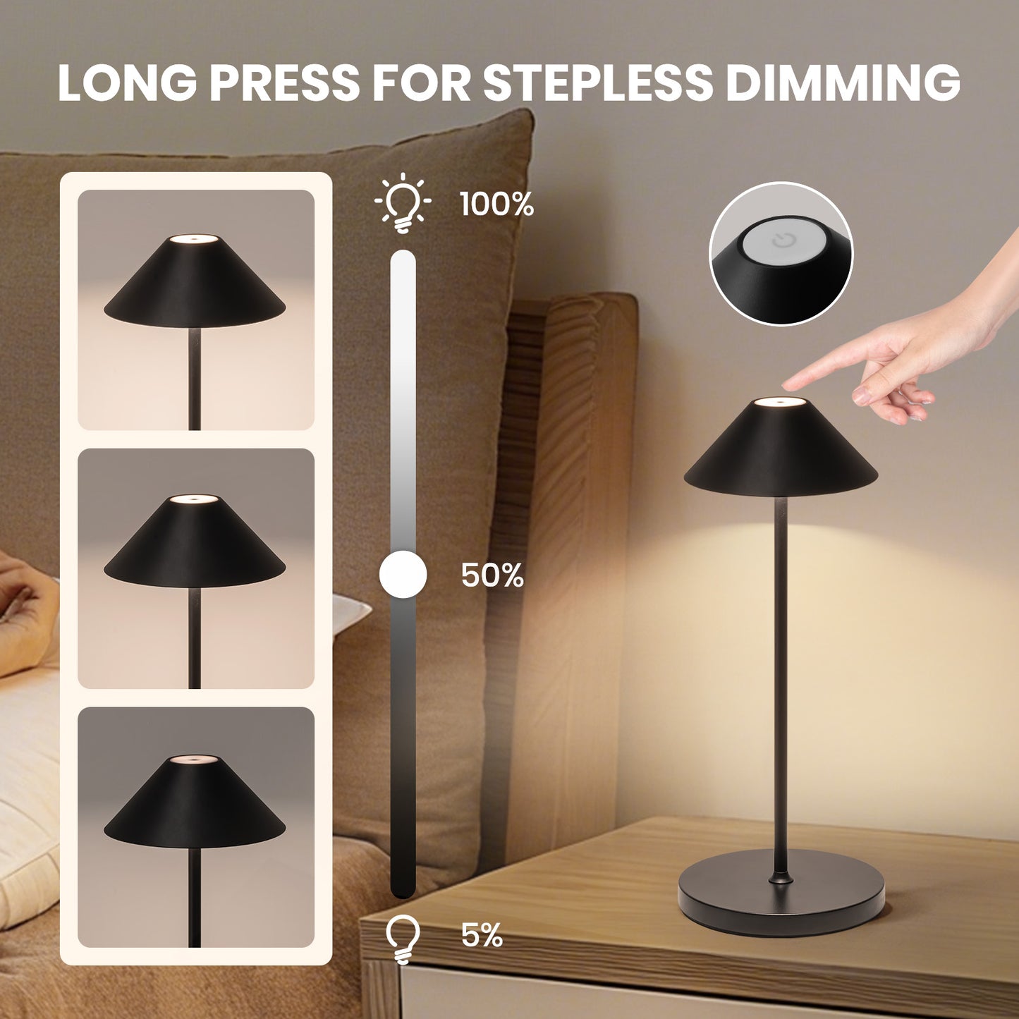 16in Black Modern Desk Lamps Cordless Smart Integrated Led Dimmable Waterproof Rechargeable Table Lamp, Indoor & Outdoor