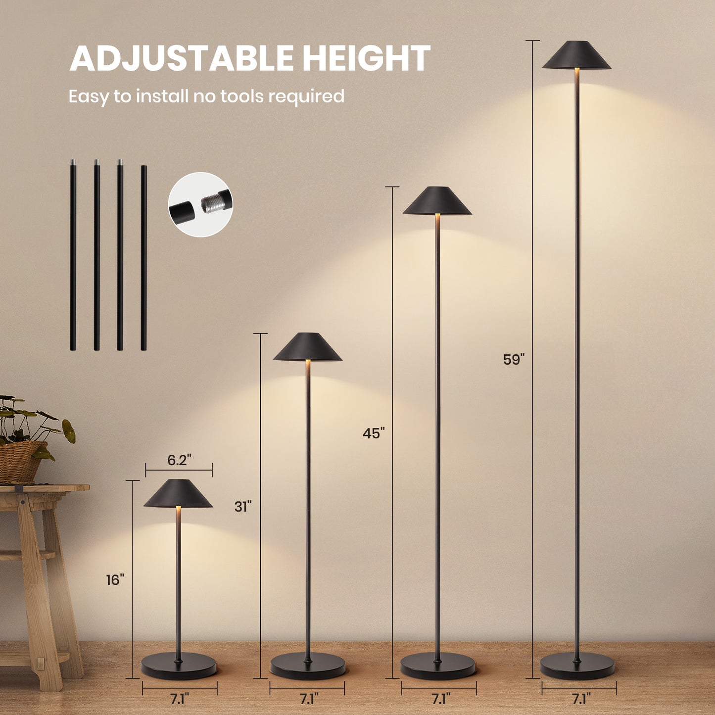 16in Black Modern Desk Lamps Cordless Smart Integrated Led Dimmable Waterproof Rechargeable Table Lamp, Indoor & Outdoor
