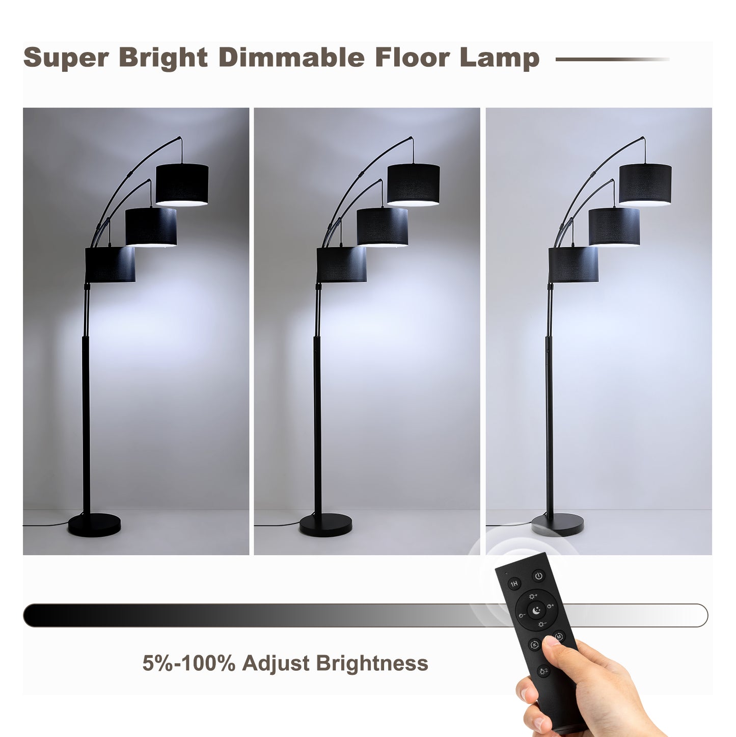 80in Black 3-Light Standard Arched Floor Lamp, Dimmable 3-Color Temperature Remote Control, Stylish Tall Tree Floor Lamps