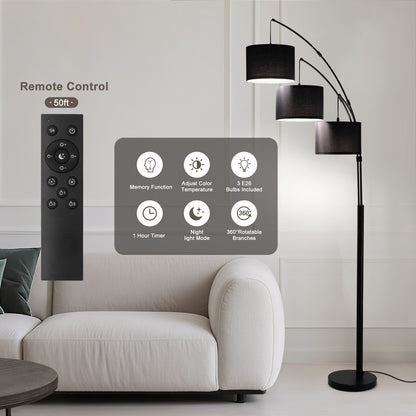 80in Black 3-Light Standard Arched Floor Lamp, Dimmable 3-Color Temperature Remote Control, Stylish Tall Tree Floor Lamps