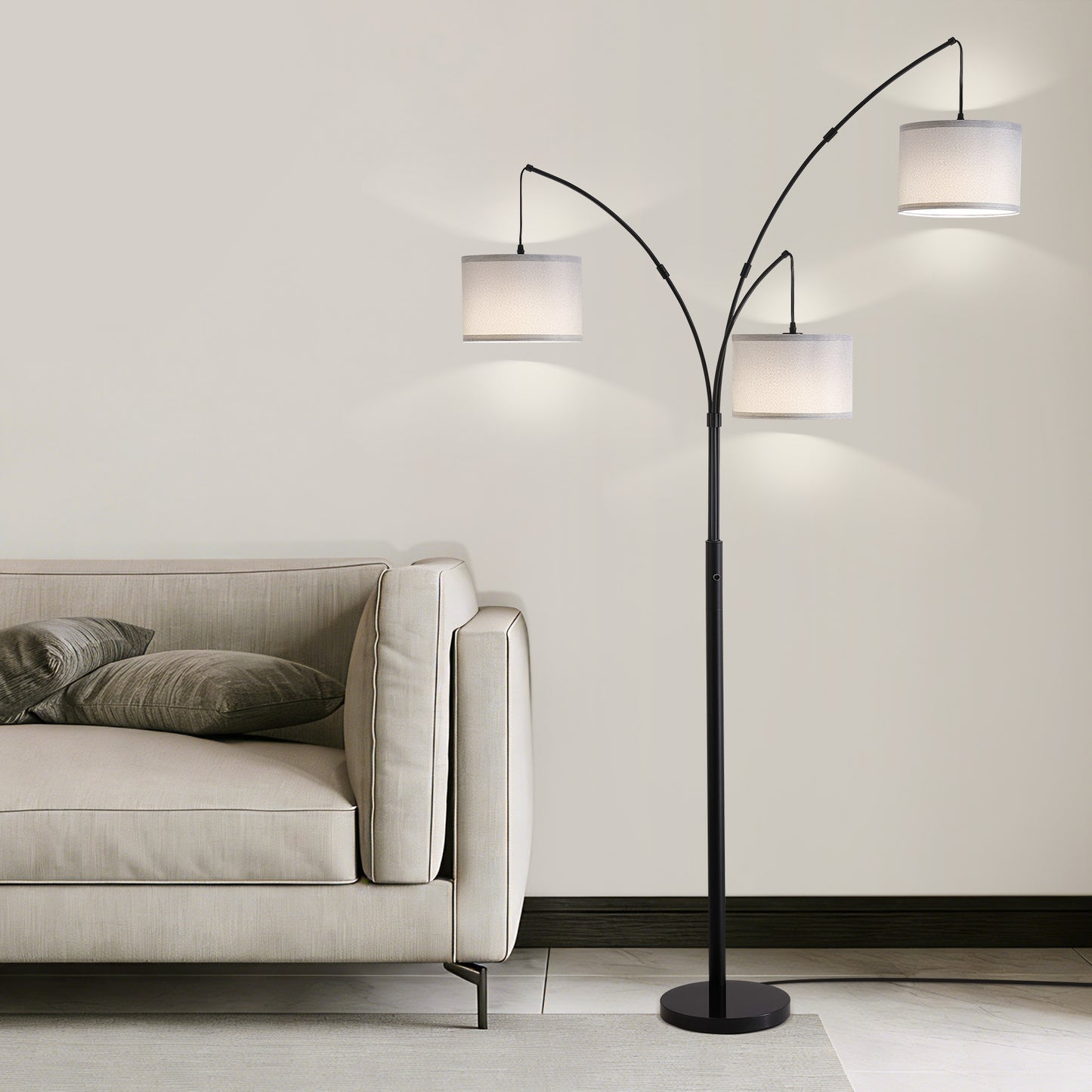 80in. Gray 3-Light Standard Arched Floor Lamp, Dimmable 3-Color Temperature Remote Control, Stylish Tall Tree Floor Lamp