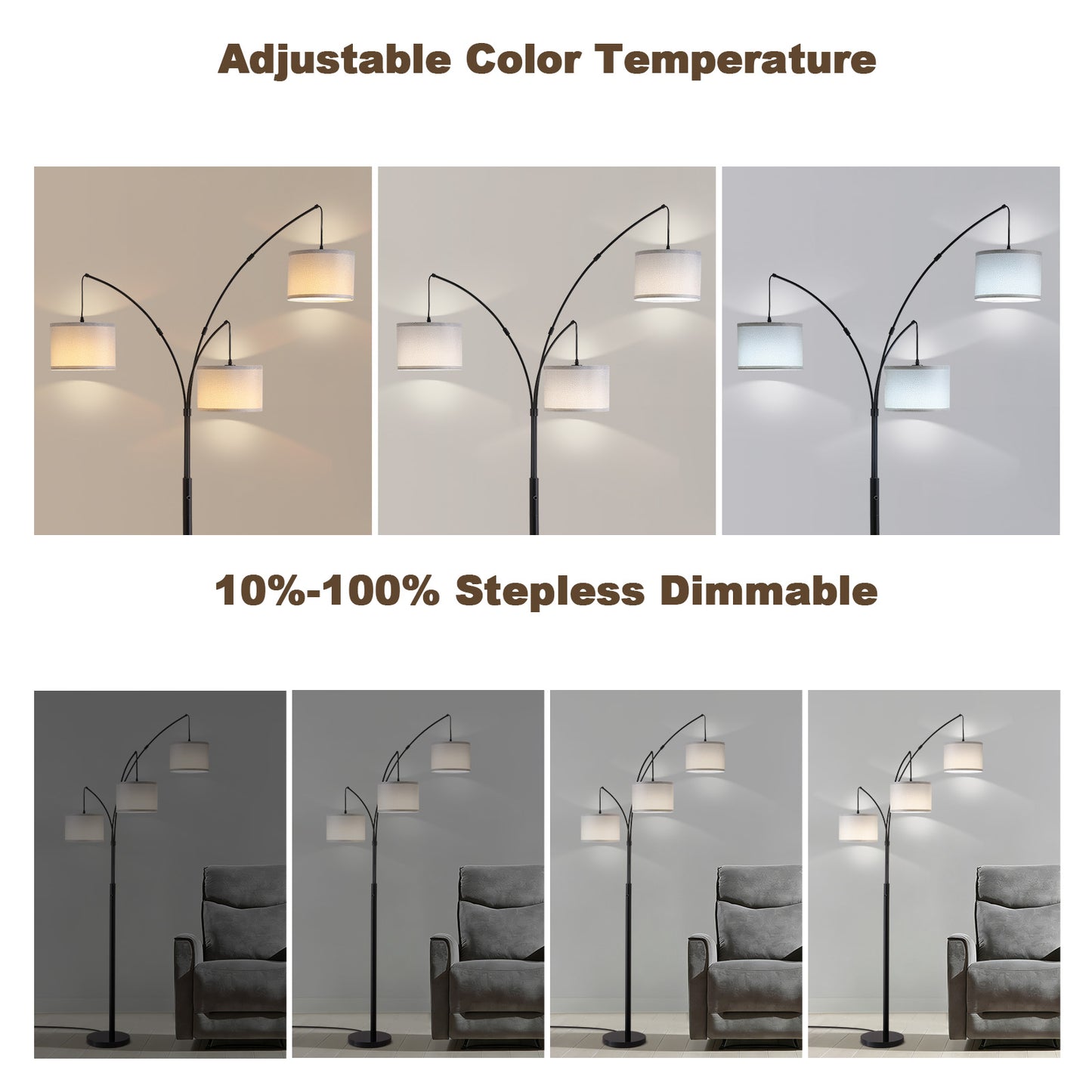 80in. Gray 3-Light Standard Arched Floor Lamp, Dimmable 3-Color Temperature Remote Control, Stylish Tall Tree Floor Lamp