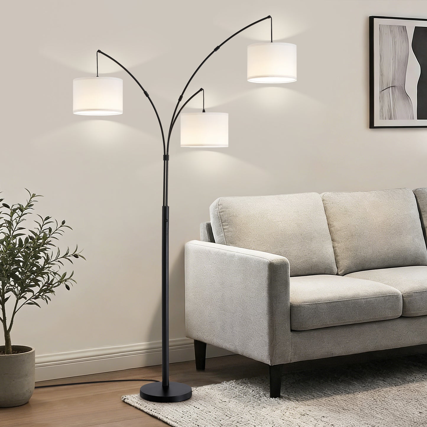 80 in. White 3-Light Arc Floor Lamp, Dimmable, 3-Color Temperature, Remote Control, Stylish Tall Floor Lamp