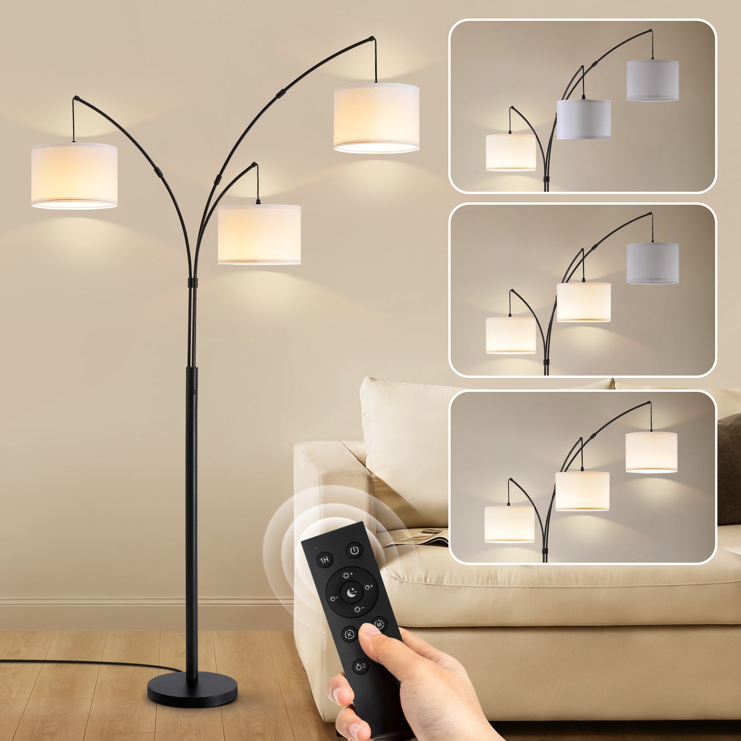 80 in. White 3-Light Arc Floor Lamp, Dimmable, 3-Color Temperature, Remote Control, Stylish Tall Floor Lamp