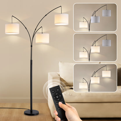 80 in. White 3-Light Arc Floor Lamp, Dimmable, 3-Color Temperature, Remote Control, Stylish Tall Floor Lamp