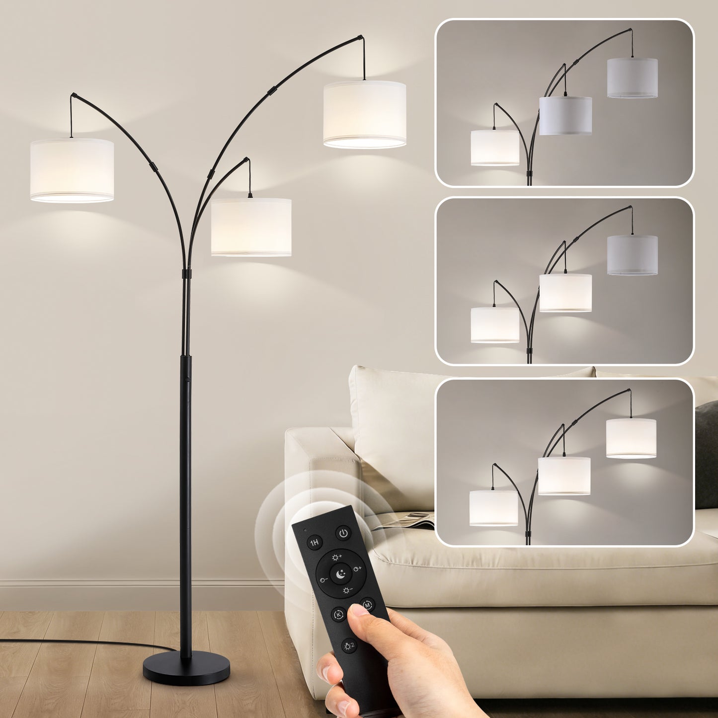 80 in. White 3-Light Arc Floor Lamp, Dimmable, 3-Color Temperature, Remote Control, Stylish Tall Floor Lamp