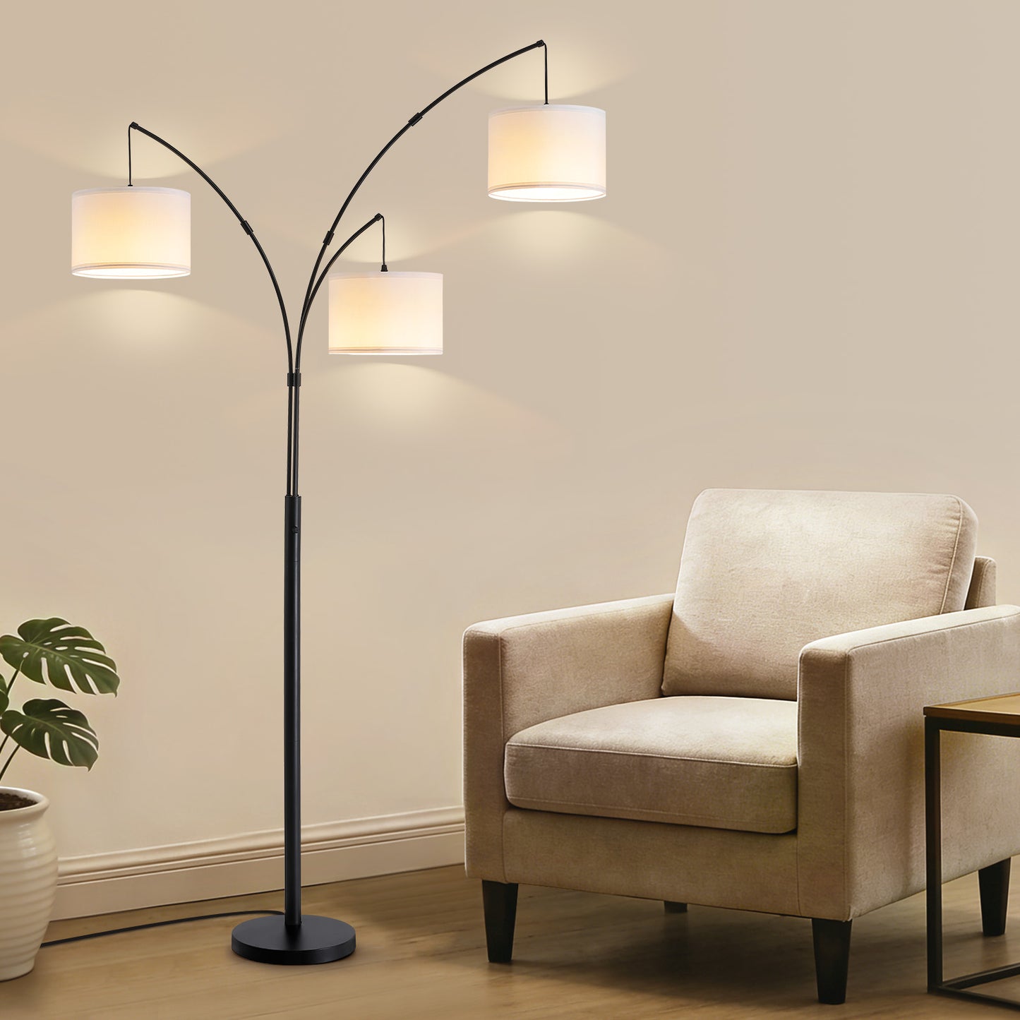 80 in. White 3-Light Arc Floor Lamp, Dimmable, 3-Color Temperature, Remote Control, Stylish Tall Floor Lamp