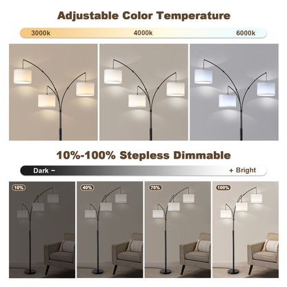 80 in. White 3-Light Arc Floor Lamp, Dimmable, 3-Color Temperature, Remote Control, Stylish Tall Floor Lamp