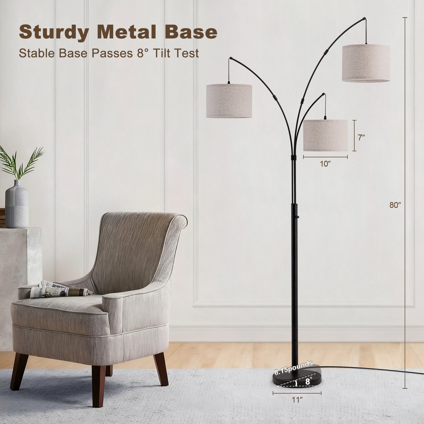 80 in. Black 3-Light Arc Floor Lamp, Dimmable, 3-Color Temperature, Remote Control, Stylish Tall Floor Lamp