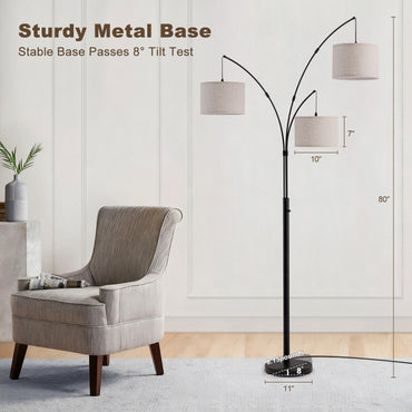 80 in. Black 3-Light Arc Floor Lamp, Dimmable, 3-Color Temperature, Remote Control, Stylish Tall Floor Lamp