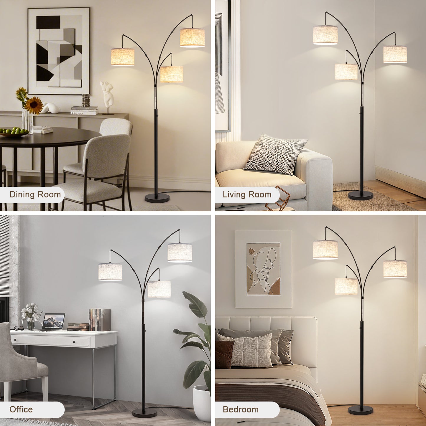 80 in. Black 3-Light Arc Floor Lamp, Dimmable, 3-Color Temperature, Remote Control, Stylish Tall Floor Lamp