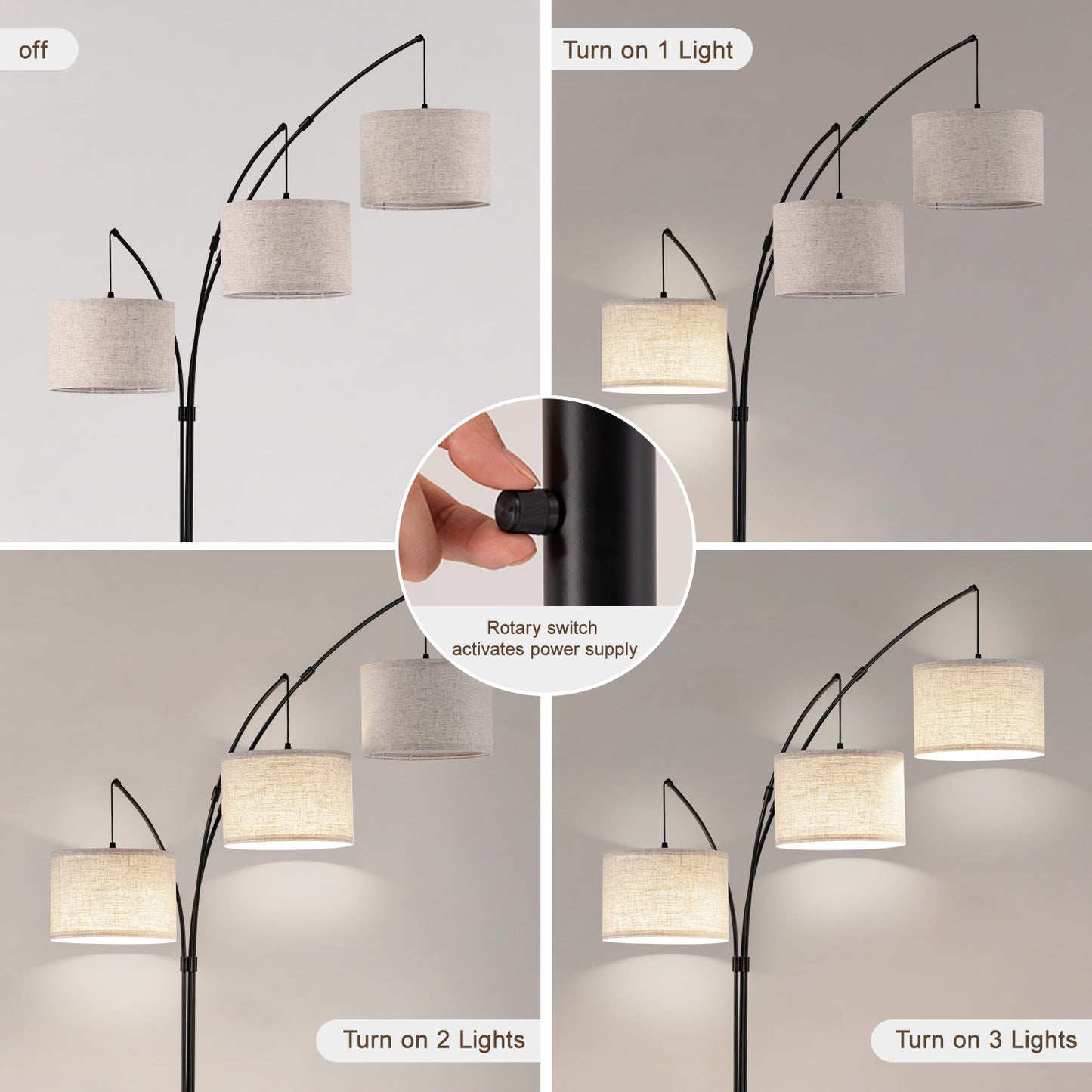 80 in. Black 3-Light Arc Floor Lamp, Dimmable, 3-Color Temperature, Remote Control, Stylish Tall Floor Lamp