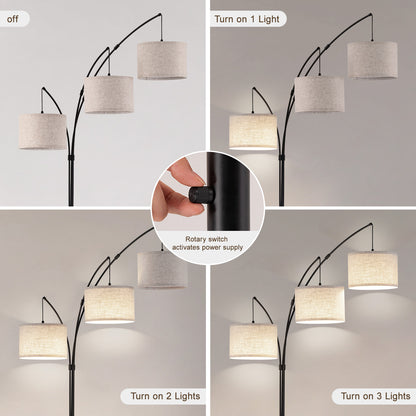 80 in. Black 3-Light Arc Floor Lamp, Dimmable, 3-Color Temperature, Remote Control, Stylish Tall Floor Lamp