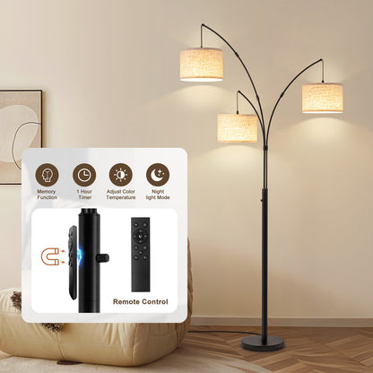 80 in. Black 3-Light Arc Floor Lamp, Dimmable, 3-Color Temperature, Remote Control, Stylish Tall Floor Lamp