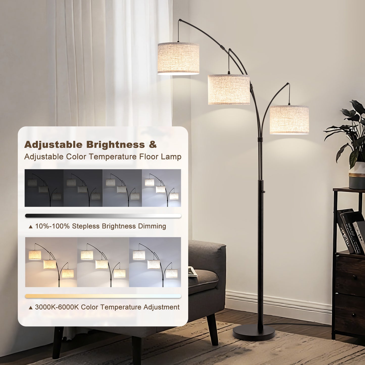 80 in. Black 3-Light Arc Floor Lamp, Dimmable, 3-Color Temperature, Remote Control, Stylish Tall Floor Lamp