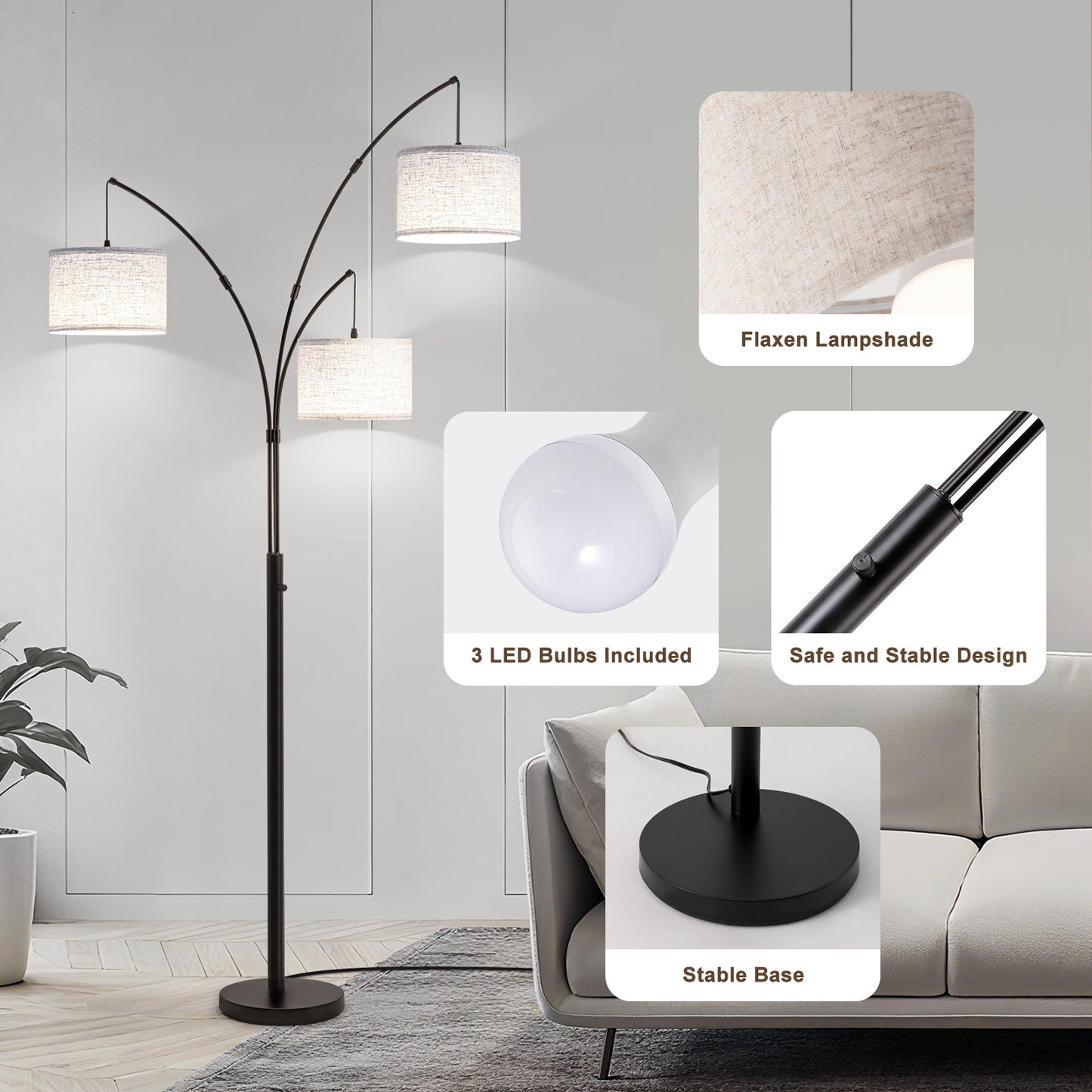 80 in. Black 3-Light Arc Floor Lamp, Dimmable, 3-Color Temperature, Remote Control, Stylish Tall Floor Lamp