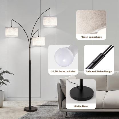 80 in. Black 3-Light Arc Floor Lamp, Dimmable, 3-Color Temperature, Remote Control, Stylish Tall Floor Lamp
