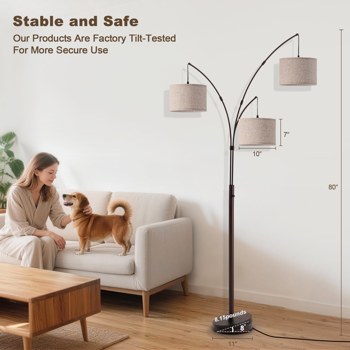 80 in. Black 3-Light Dimmable 3-Color Temperature, Arc Floor Lamp with Remote Control, Modern Tall Standing Lamp