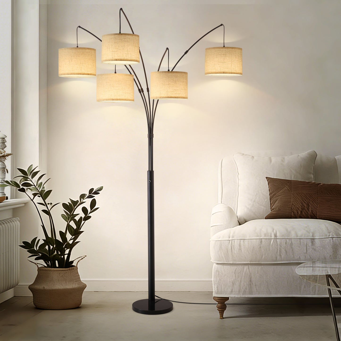 80in Arc Black Modern 5-Light Tall Standing Tree-Style Floor Lamp with Remote, Adjustable Arched Arm, 3-Color Temperature