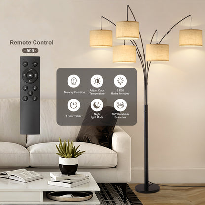 80in Arc Black Modern 5-Light Tall Standing Tree-Style Floor Lamp with Remote, Adjustable Arched Arm, 3-Color Temperature