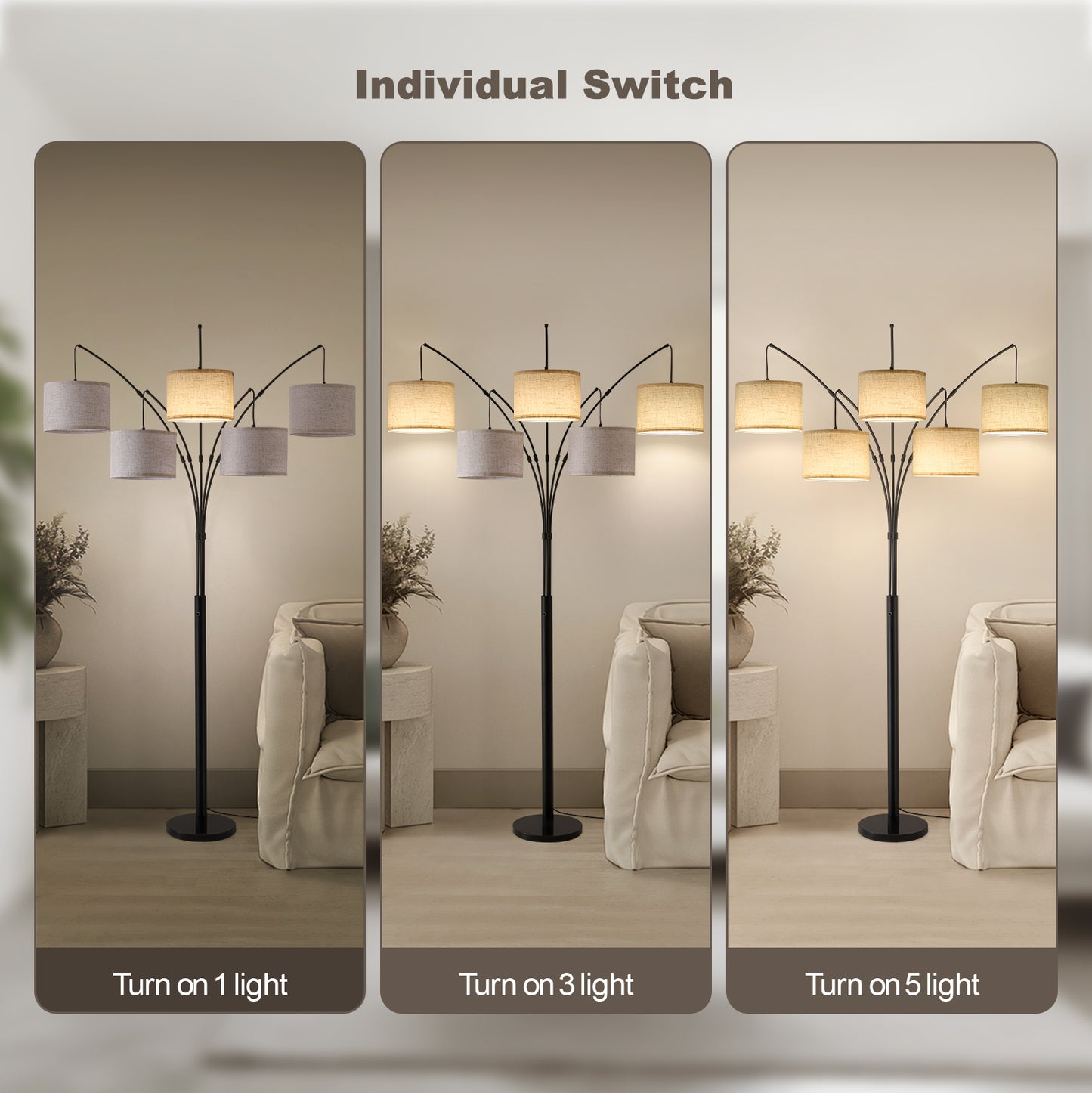 80in Arc Black Modern 5-Light Tall Standing Tree-Style Floor Lamp with Remote, Adjustable Arched Arm, 3-Color Temperature