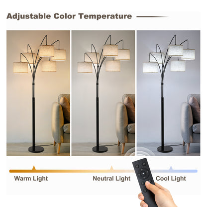 80in Arc Black Modern 5-Light Tall Standing Tree-Style Floor Lamp with Remote, Adjustable Arched Arm, 3-Color Temperature