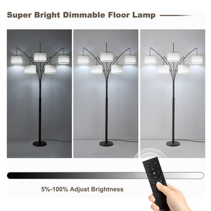 80in Arc Brown Modern 5-Light Tall Standing Tree-Style Floor Lamp with Remote, Adjustable Arched Arm, 3-Color Temperature