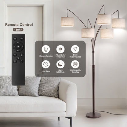 80in Arc Brown Modern 5-Light Tall Standing Tree-Style Floor Lamp with Remote, Adjustable Arched Arm, 3-Color Temperature