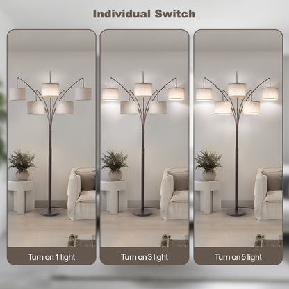 80in Arc Brown Modern 5-Light Tall Standing Tree-Style Floor Lamp with Remote, Adjustable Arched Arm, 3-Color Temperature