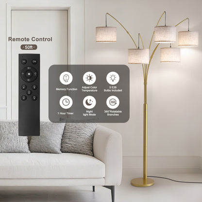80in Arc Gold Modern 5-Light Tall Standing Tree-Style Floor Lamp with Remote, Adjustable Arched Arm, 3-Color Temperature