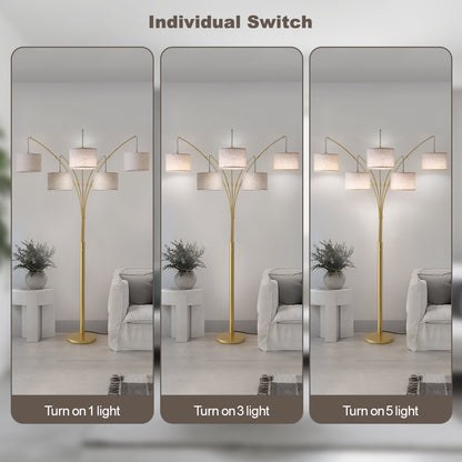 80in Arc Gold Modern 5-Light Tall Standing Tree-Style Floor Lamp with Remote, Adjustable Arched Arm, 3-Color Temperature