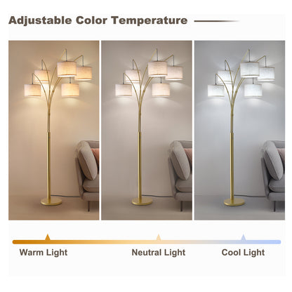80in Arc Gold Modern 5-Light Tall Standing Tree-Style Floor Lamp with Remote, Adjustable Arched Arm, 3-Color Temperature