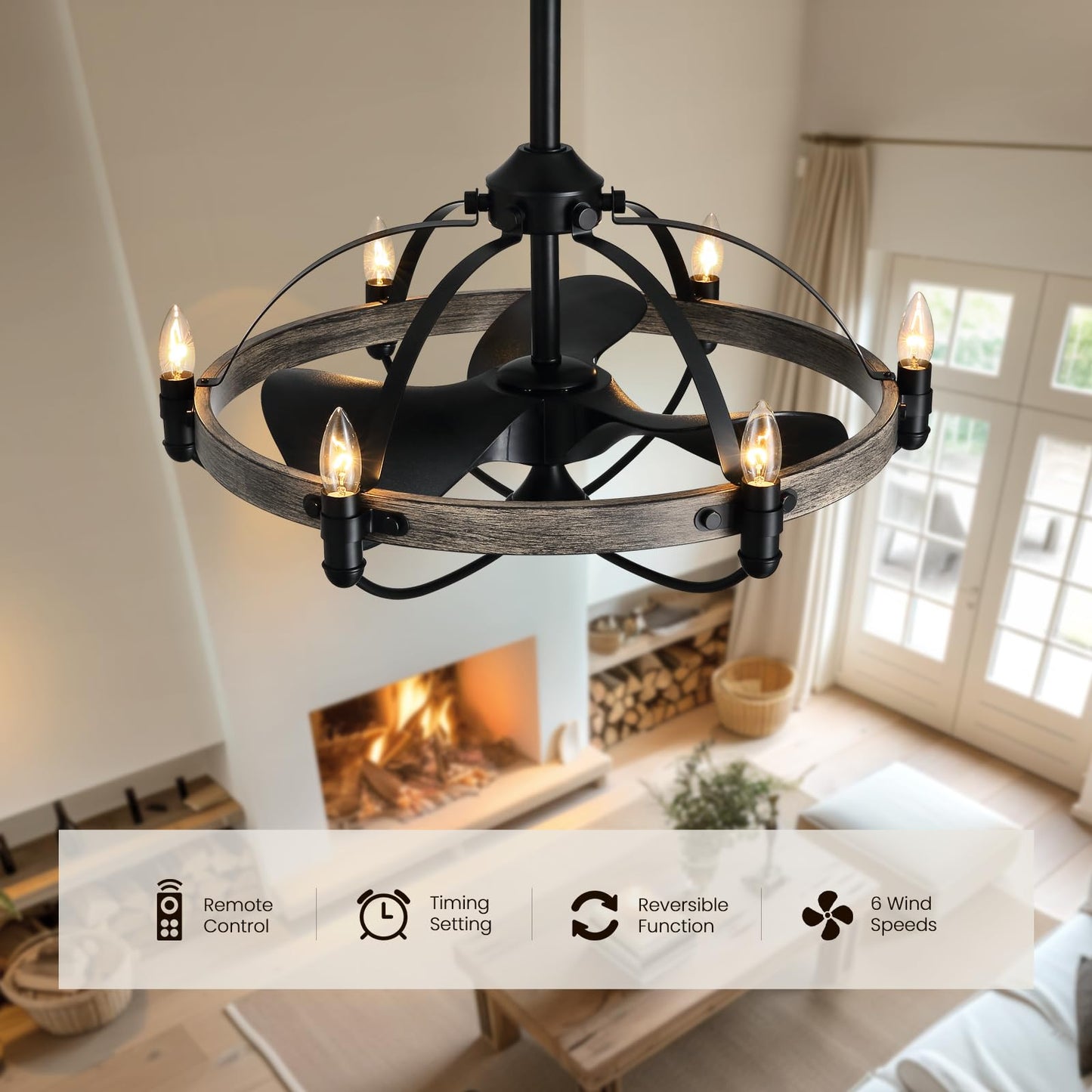 27'' Farmhouse & Vintage Ceiling Fan with Light Remote Control, Rustic Chandelier Fan
