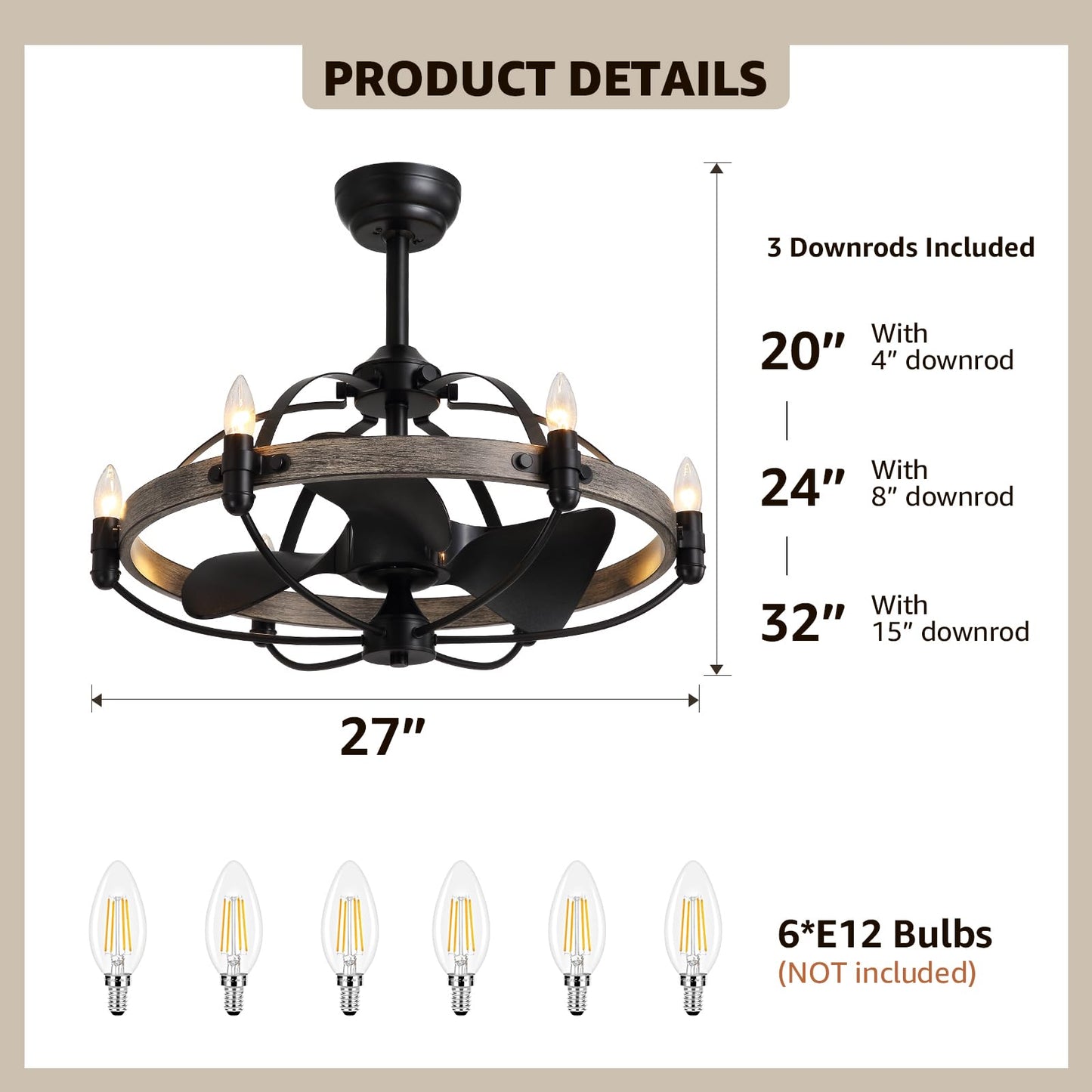 27'' Farmhouse & Vintage Ceiling Fan with Light Remote Control, Rustic Chandelier Fan