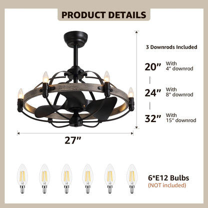 27'' Farmhouse & Vintage Ceiling Fan with Light Remote Control, Rustic Chandelier Fan