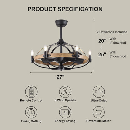27in Farmhouse & Vintage Ceiling Fan with Light Remote Control, Rustic Chandelier Fan