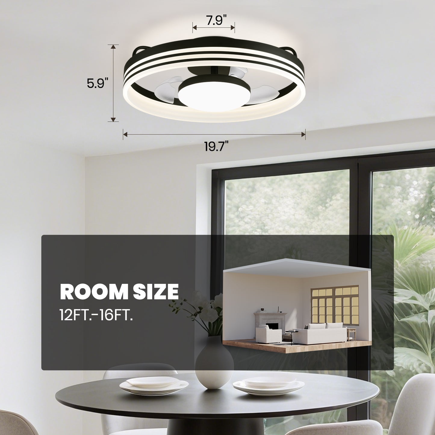20in Smart Black Flush Mount Ceiling Fan with Light Dimmable Fandelier with Remote&App Control