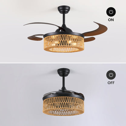48 in. Indoor Boho Woven Cage Black Downrod Mount Bladeless Chandelier Ceiling Fan with Remote and no Bulb Included