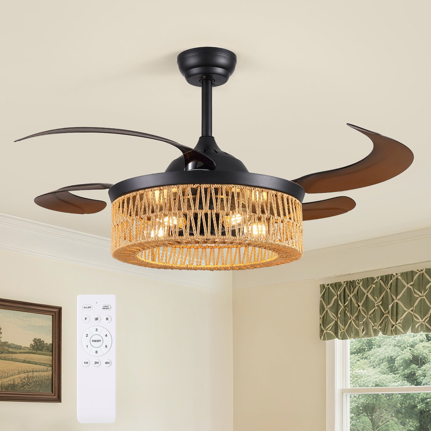48 in. Indoor Boho Woven Cage Black Downrod Mount Bladeless Chandelier Ceiling Fan with Remote and no Bulb Included