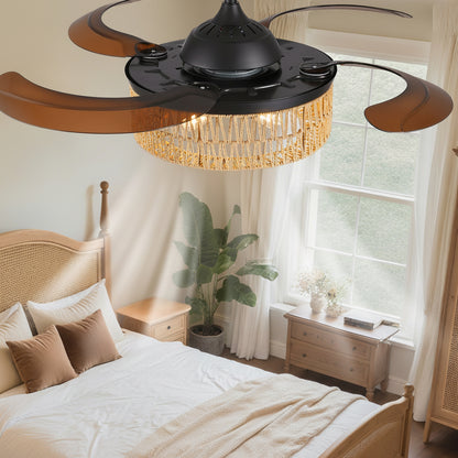 48 in. Indoor Boho Woven Cage Black Downrod Mount Bladeless Chandelier Ceiling Fan with Remote and no Bulb Included