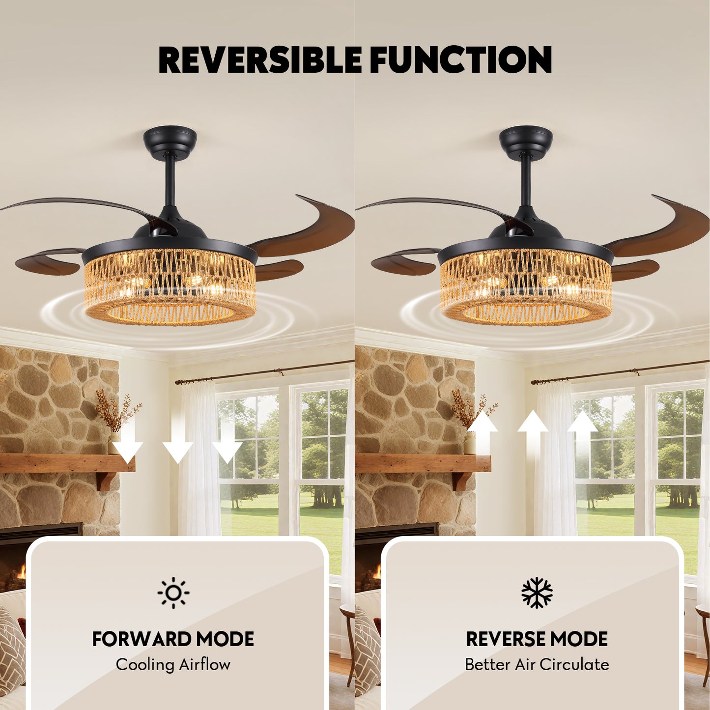 48 in. Indoor Boho Woven Cage Black Downrod Mount Bladeless Chandelier Ceiling Fan with Remote and no Bulb Included