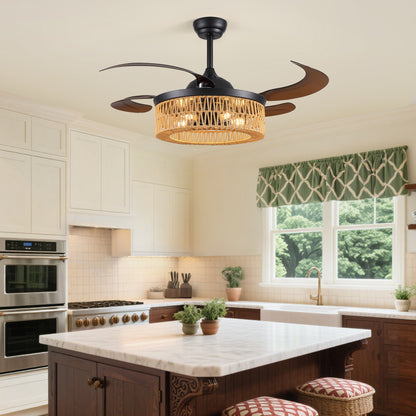 48 in. Indoor Boho Woven Cage Black Downrod Mount Bladeless Chandelier Ceiling Fan with Remote and no Bulb Included