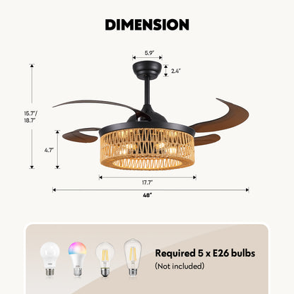 48 in. Indoor Boho Woven Cage Black Downrod Mount Bladeless Chandelier Ceiling Fan with Remote and no Bulb Included