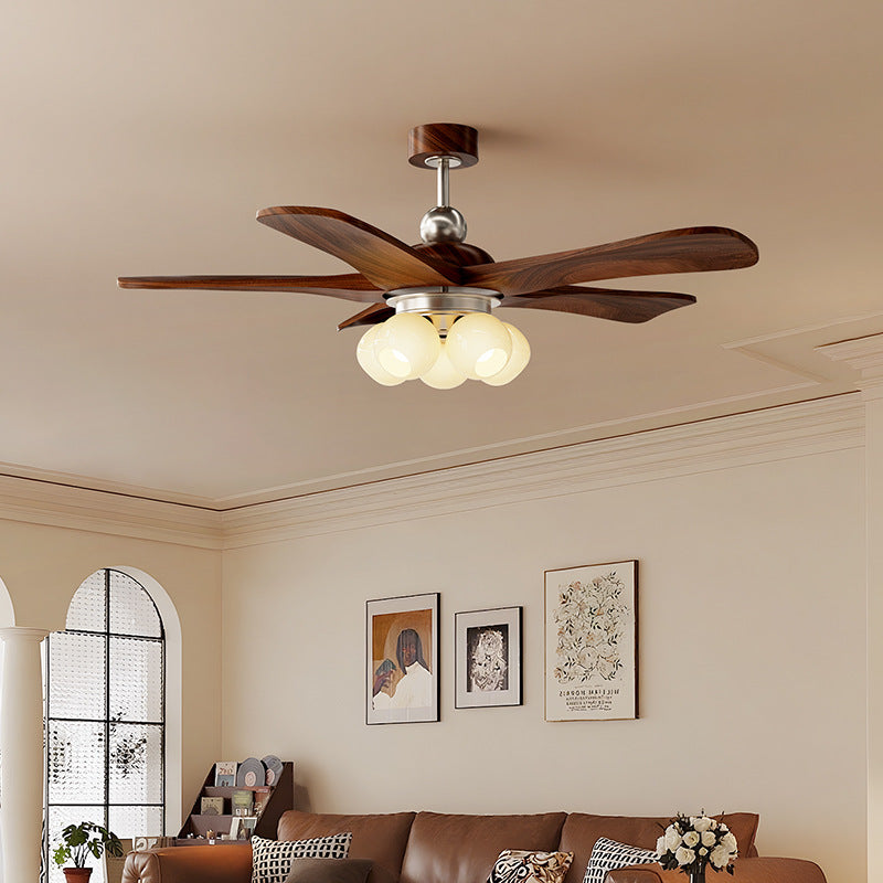 Mid-Century 5-Blade Wood Ceiling Fan with Light - Frosted Glass Globes, Noiseless Operation